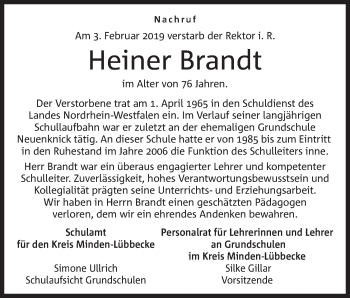 Anzeige von Heiner Brandt von Mindener Tageblatt