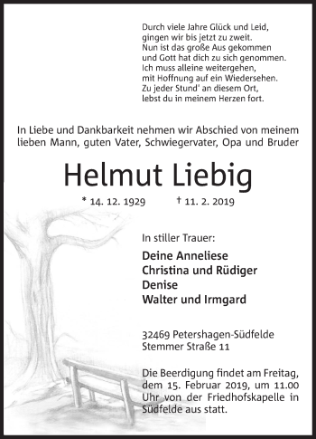 Anzeige von Helmut Liebig von Mindener Tageblatt