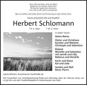 Anzeige von Herbert Schlomann von Mindener Tageblatt