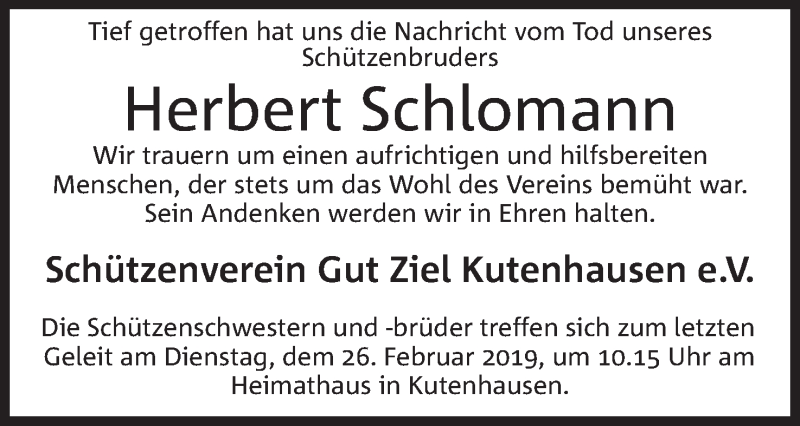  Traueranzeige für Herbert Schlomann vom 20.02.2019 aus Mindener Tageblatt