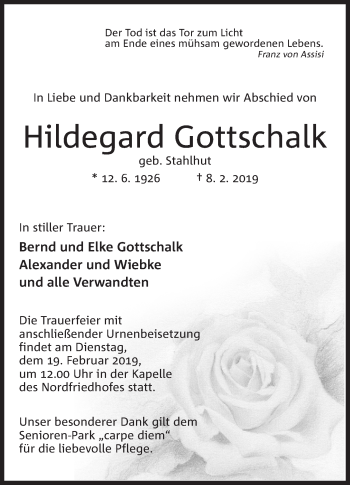 Anzeige von Hildegard Gottschalk von Mindener Tageblatt