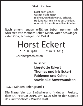 Anzeige von Horst Eckert von Mindener Tageblatt