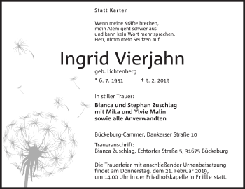 Anzeige von Ingrid Vierjahn von Mindener Tageblatt