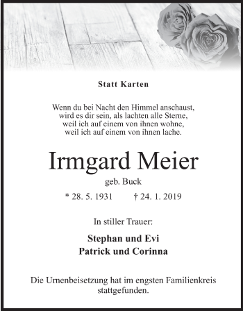 Anzeige von Irmgard Meier von Mindener Tageblatt