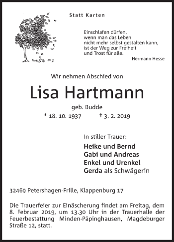 Anzeige von Lisa Hartmann von Mindener Tageblatt