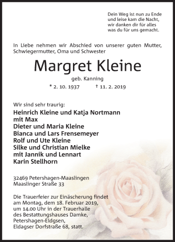 Anzeige von Margret Kleine von Mindener Tageblatt