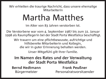 Anzeige von Martha Matthes von Mindener Tageblatt
