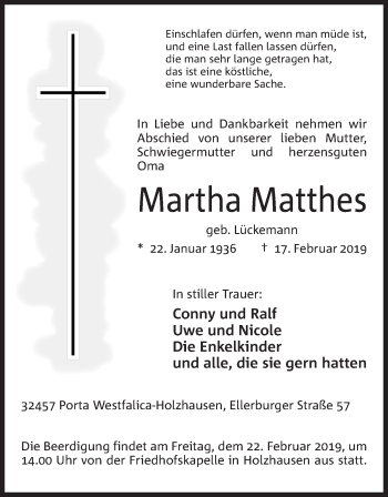 Anzeige von Martha Matthes von Mindener Tageblatt