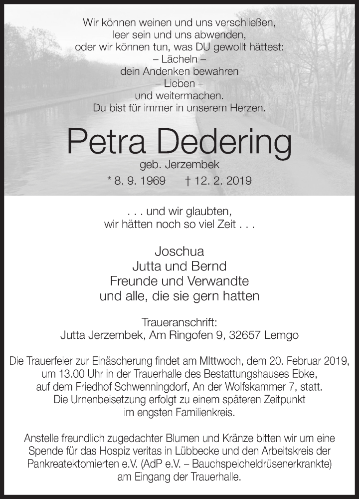  Traueranzeige für Petra Dedering vom 16.02.2019 aus Mindener Tageblatt
