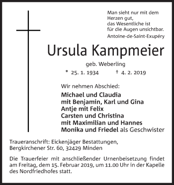 Anzeige von Ursula Kampmeier von Mindener Tageblatt