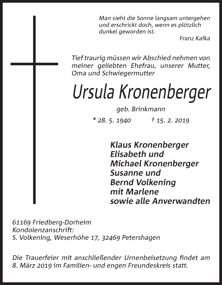  Traueranzeige für Ursula Kronenberger vom 23.02.2019 aus Mindener Tageblatt