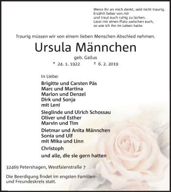 Anzeige von Ursula Männchen von Mindener Tageblatt