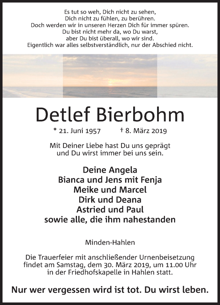  Traueranzeige für Detlef Bierbohm vom 23.03.2019 aus Mindener Tageblatt