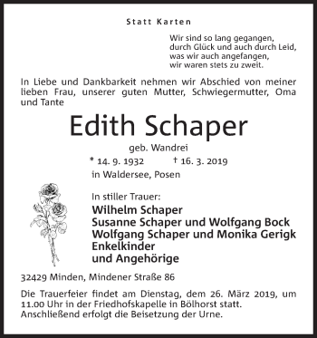 Anzeige von Edith Schaper von Mindener Tageblatt