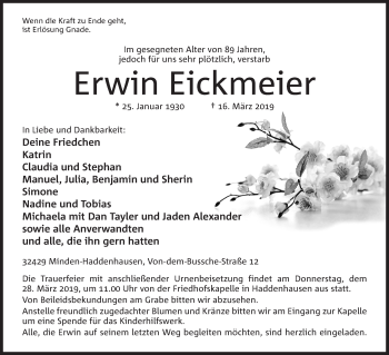 Anzeige von Erwin Eickmeier von Mindener Tageblatt