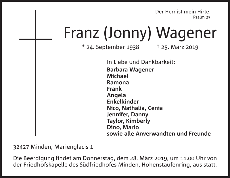  Traueranzeige für Franz Wagener vom 26.03.2019 aus Mindener Tageblatt