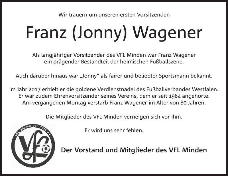  Traueranzeige für Franz Wagener vom 28.03.2019 aus Mindener Tageblatt