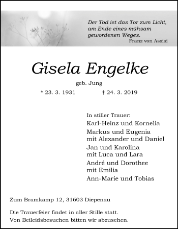 Anzeige von Gisela Engelke von Mindener Tageblatt