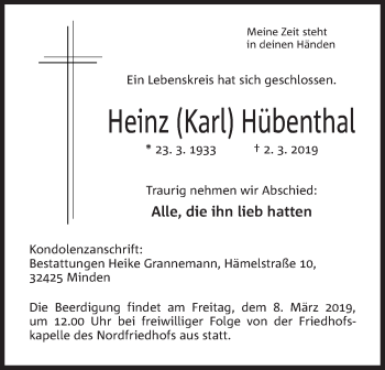 Anzeige von Heinz Hübenthal von Mindener Tageblatt