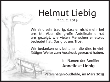 Anzeige von Helmut Liebig von Mindener Tageblatt