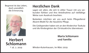 Anzeige von Herbert Schlomann von Mindener Tageblatt