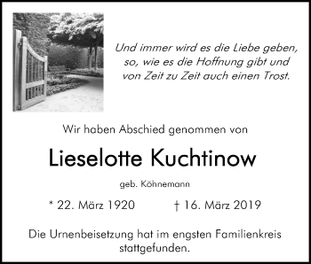 Anzeige von Lieselotte Kuchtinow von Mindener Tageblatt