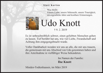 Anzeige von Udo Knott von Mindener Tageblatt