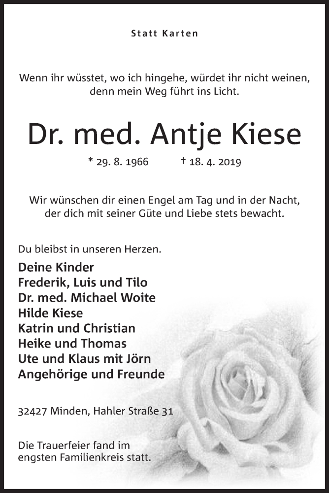  Traueranzeige für Antje Kiese vom 27.04.2019 aus Mindener Tageblatt