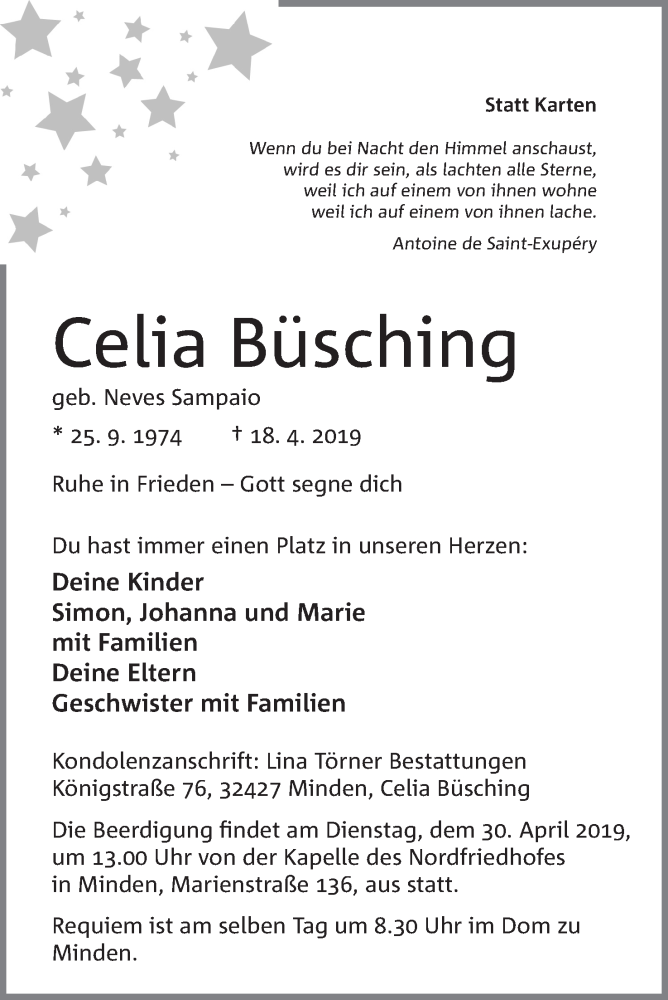  Traueranzeige für Celia Büsching vom 27.04.2019 aus Mindener Tageblatt