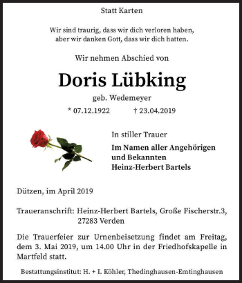 Anzeige von Doris Lübking von Mindener Tageblatt