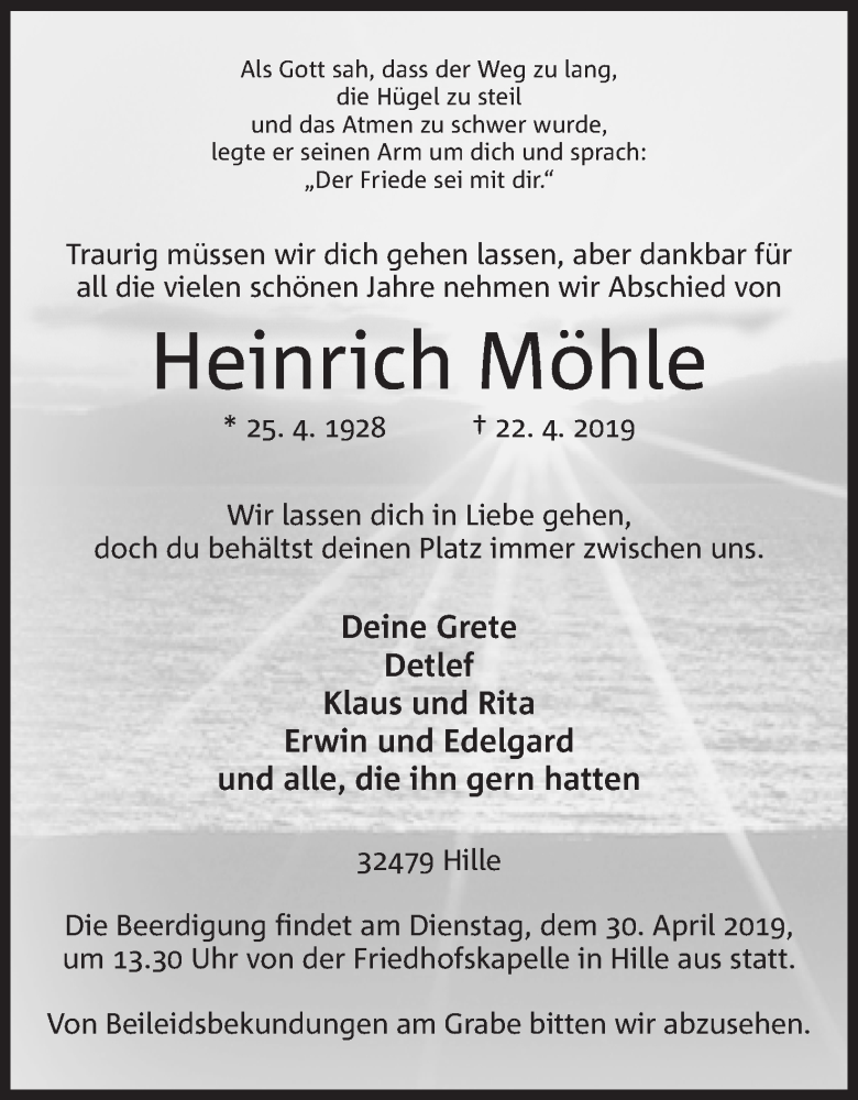  Traueranzeige für Heinrich Möhle vom 24.04.2019 aus Mindener Tageblatt