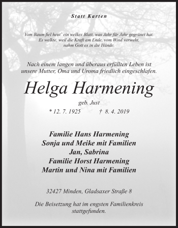 Anzeige von Helga Harmening von Mindener Tageblatt