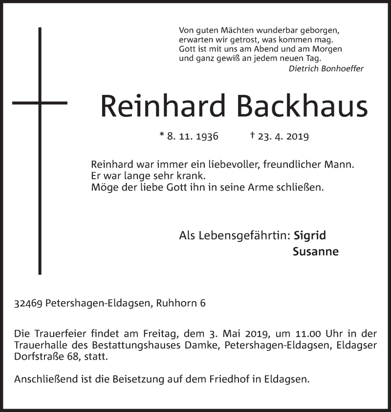  Traueranzeige für Reinhard Backhaus vom 27.04.2019 aus Mindener Tageblatt