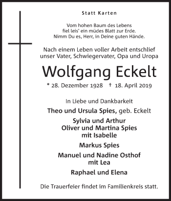 Anzeige von Wolfgang Eckelt von Mindener Tageblatt