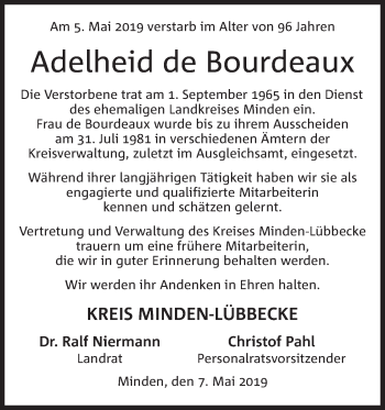 Anzeige von Adelheid de Bourdeaux von Mindener Tageblatt