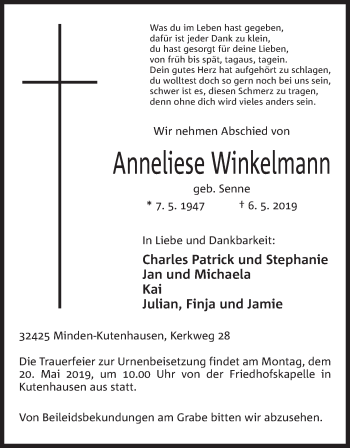 Anzeige von Anneliese Winkelmann von Mindener Tageblatt