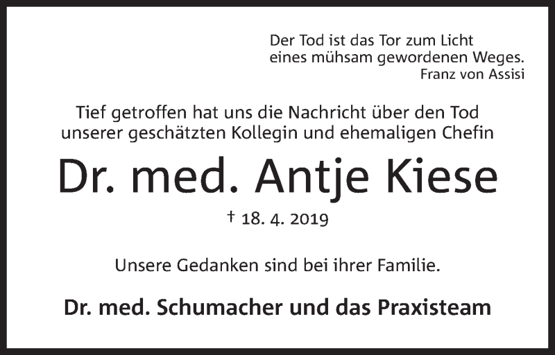  Traueranzeige für Antje Kiese vom 01.05.2019 aus Mindener Tageblatt