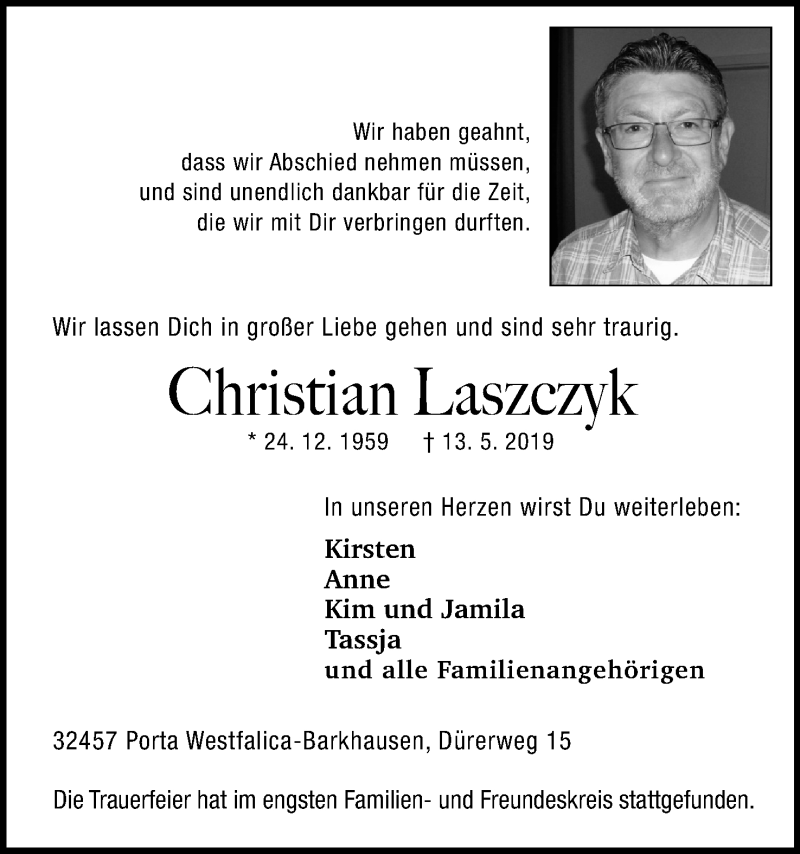  Traueranzeige für Christian Laszczyk vom 21.05.2019 aus Mindener Tageblatt