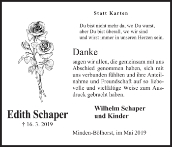 Anzeige von Edith Schaper von Mindener Tageblatt