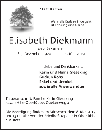 Anzeige von Elisabeth Diekmann von Mindener Tageblatt