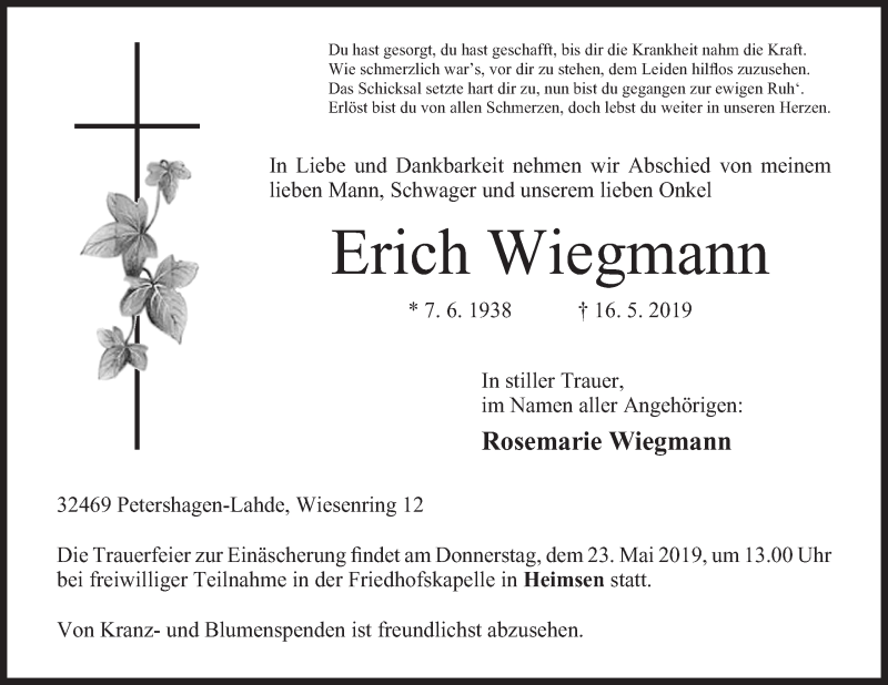  Traueranzeige für Erich Wiegmann vom 18.05.2019 aus Mindener Tageblatt