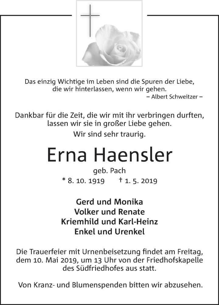  Traueranzeige für Erna Haensler vom 04.05.2019 aus Mindener Tageblatt
