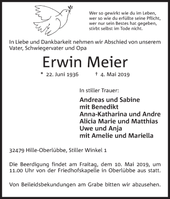 Anzeige von Erwin Meier von Mindener Tageblatt