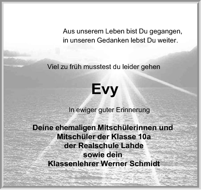  Traueranzeige für Evy  vom 14.05.2019 aus Mindener Tageblatt