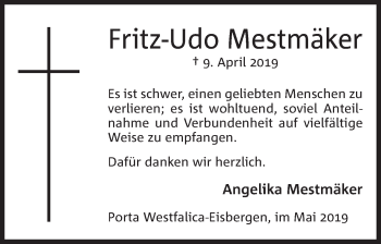 Anzeige von Fritz-Udo Mestmäker von Mindener Tageblatt