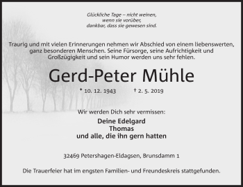 Anzeige von Gerd-Peter Mühle von Mindener Tageblatt