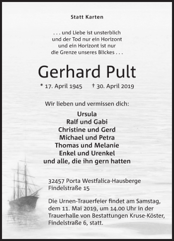 Anzeige von Gerhard Pult von Mindener Tageblatt