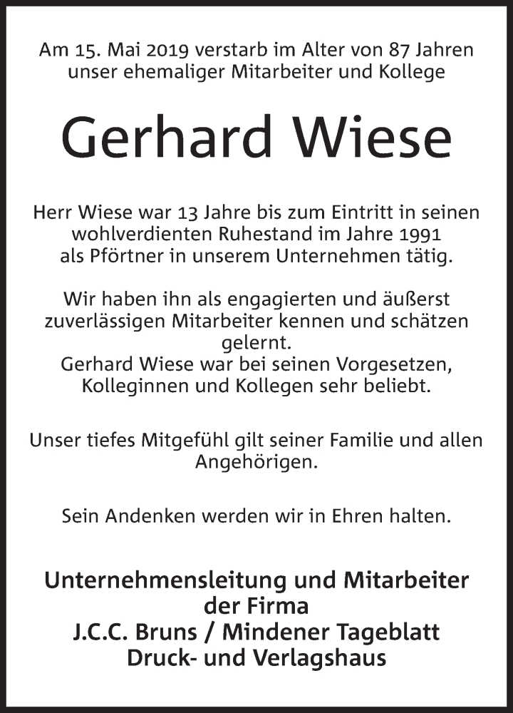  Traueranzeige für Gerhard Wiese vom 18.05.2019 aus Mindener Tageblatt