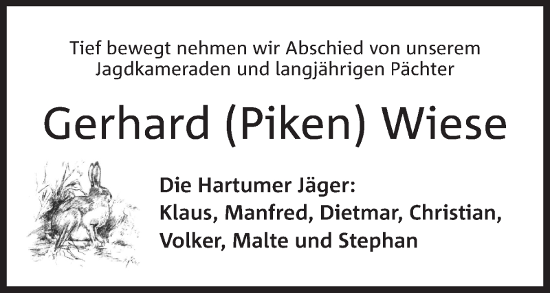  Traueranzeige für Gerhard Wiese vom 18.05.2019 aus Mindener Tageblatt