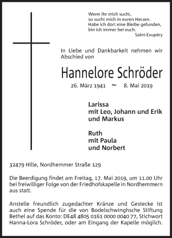 Anzeige von Hannelore Schröder von Mindener Tageblatt